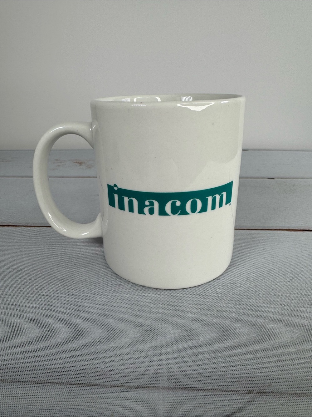 Vintage Inacom Computer Company Coffee Mug White Ceramic Teal Logo